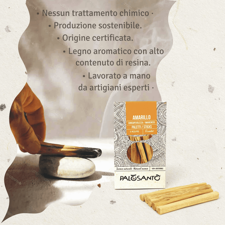 Incenso Paletti Palo Santo Amarillo Legno Origine Ecuador 100% Naturale da Produzione Etica e Sostenibile