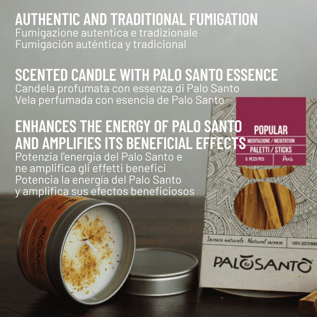 Kit Fumigazione Pacchetto Candela Artigianale Profumata con Olio Essenziale di Palo Santo e Incensi Paletti di Palo Santo 100% Naturale da Produzione Etica e Sostenibile