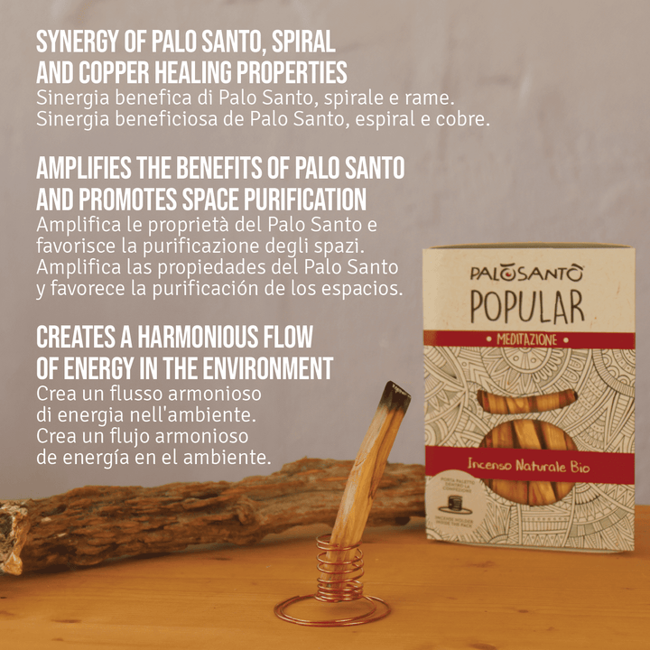 Palo Santo Popular Perù Incenso Naturale con Supporto Porta Paletto Spirale in Rame Artigianale Made in Italy 100% Naturale Etico e Sostenibile