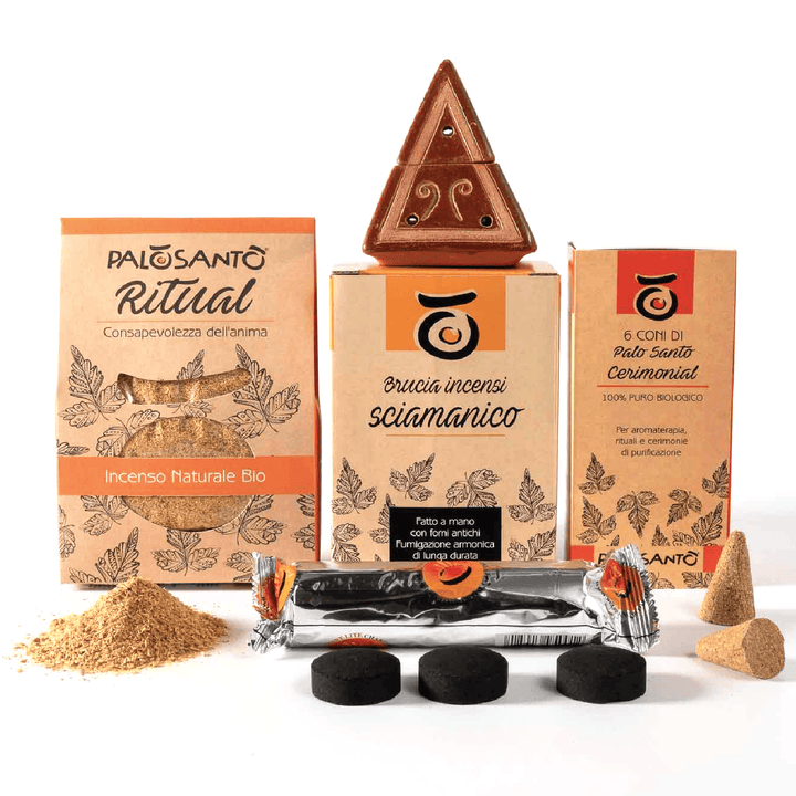 Kit Fumigazione Pacchetto Braciere Artigianale in Terracotta e Incensi di Palo Santo 100% Naturale da Produzione Etica e Sostenibile