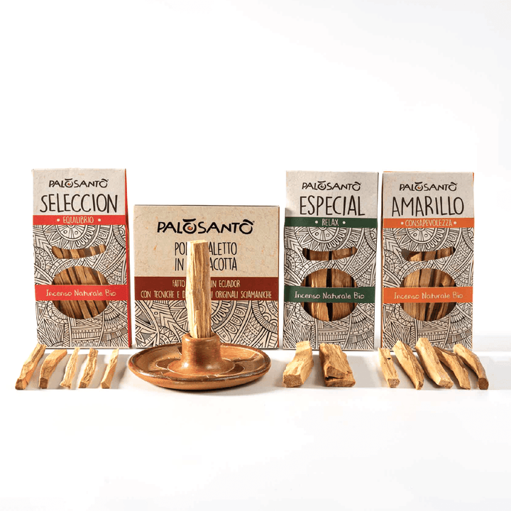 Kit Fumigazione Pacchetto Porta Incenso Artigianalein Terracotta e Incensi Paletti di Palo Santo Ecuador e Perù 100% Naturale da Produzione Etica e Sostenibile