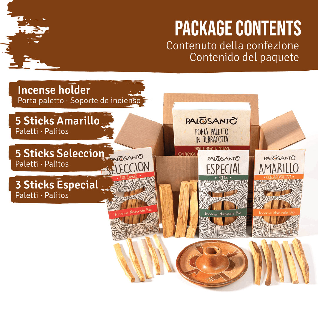 Kit Fumigazione Pacchetto Porta Incenso Artigianalein Terracotta e Incensi Paletti di Palo Santo Ecuador e Perù 100% Naturale da Produzione Etica e Sostenibile