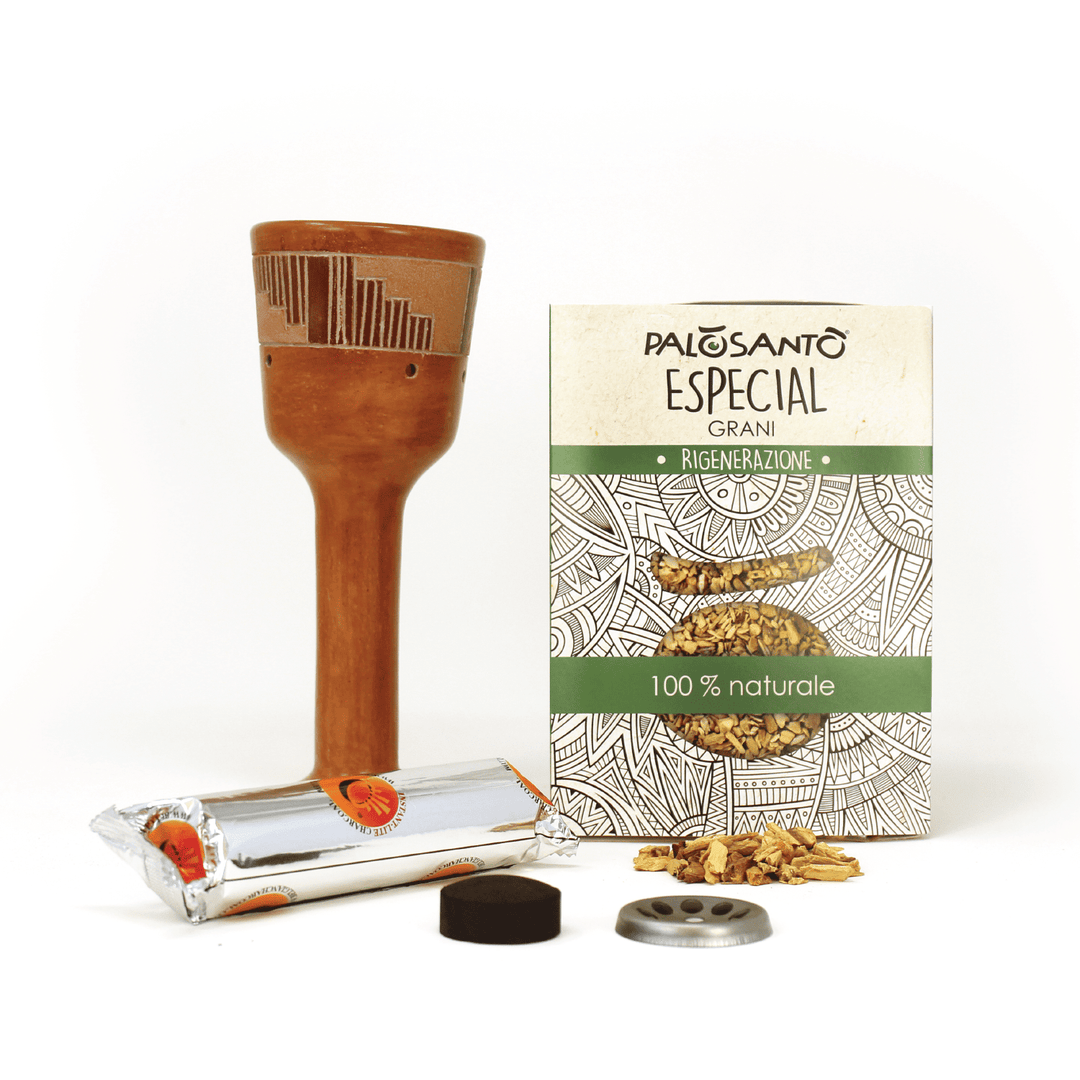 Kit Fumigazione Pacchetto Braciere Artigianale in Terracotta e Incensi di Palo Santo 100% Naturale da Produzione Etica e Sostenibile