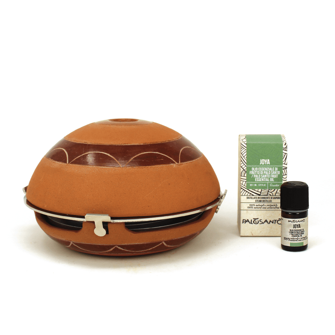 Candela Lampada in terracotta Diffusore Aroma e Calore Artigianale Fatta a Mano in Ecuador con Olio Essenziale di Frutto di Palo Santo Incluso 100% Naturale Etico e Sostenibile