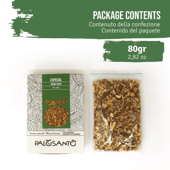 Incenso Palo Santo Grani Chips Especial Perù 100% Naturale da Produzione Etica e Sostenibile Legno Sacro Bursera graveolens