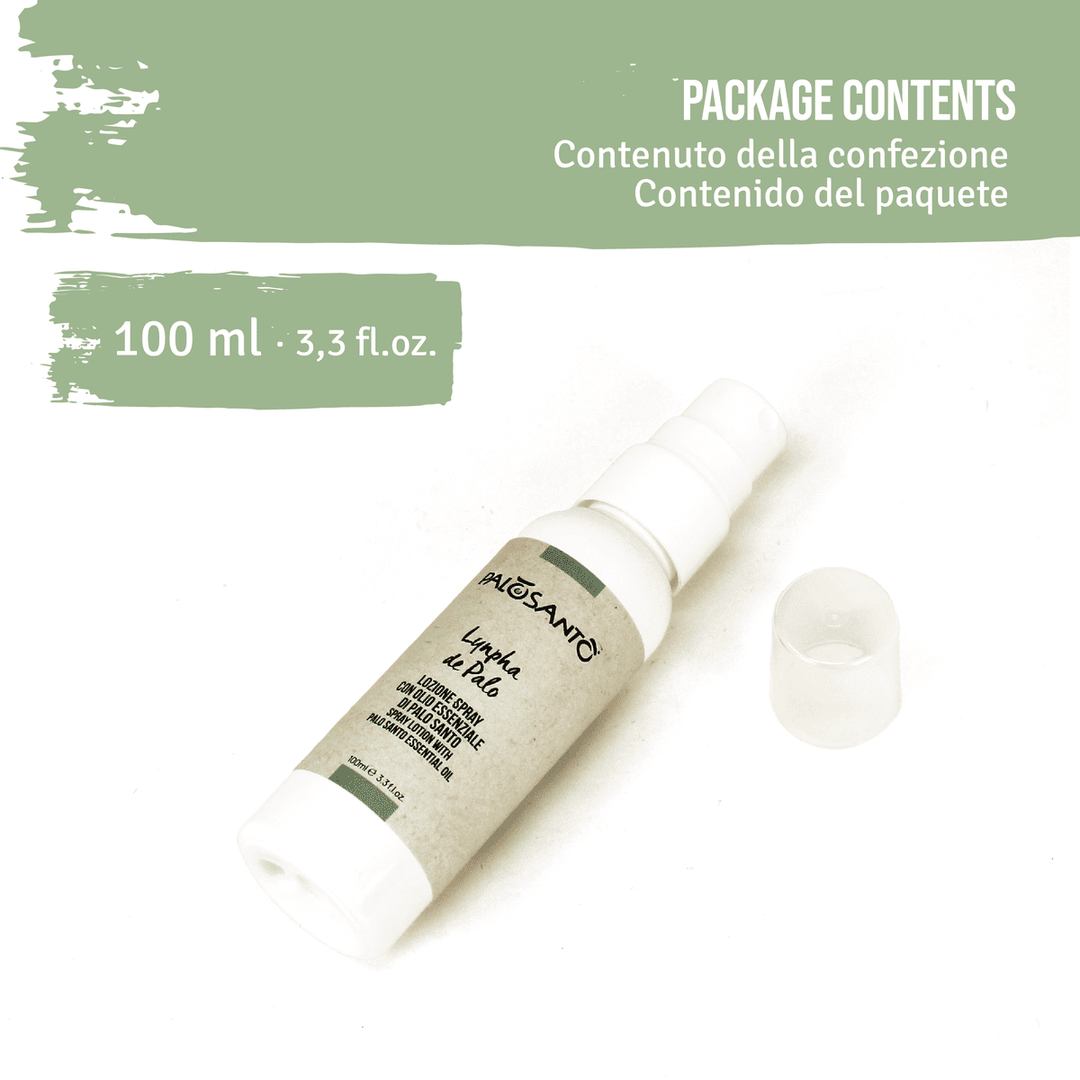 Lozione profumata spray 100% naturale per aromaterapia con olio essenziale di frutto di Palo Santo da produzione etica e sostenibile