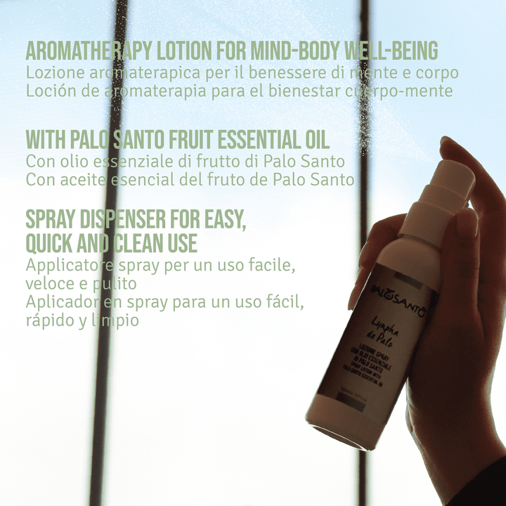 Lozione profumata spray 100% naturale per aromaterapia con olio essenziale di frutto di Palo Santo da produzione etica e sostenibile