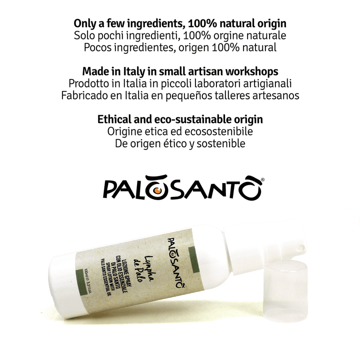 Lozione profumata spray 100% naturale per aromaterapia con olio essenziale di frutto di Palo Santo da produzione etica e sostenibile